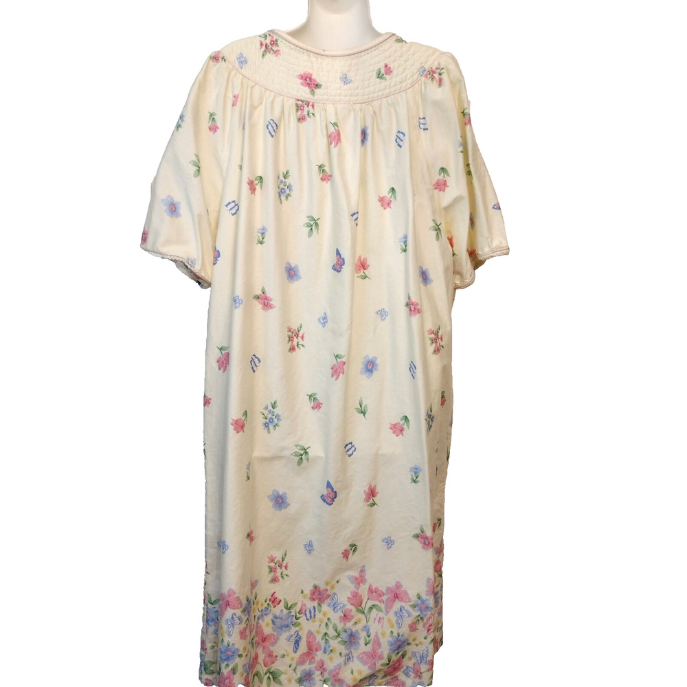 Coffee Time House Dress Duster Robe MuuMuu Yellow Floral Cotton Midi Pockets 1X - Picture 9 of 13